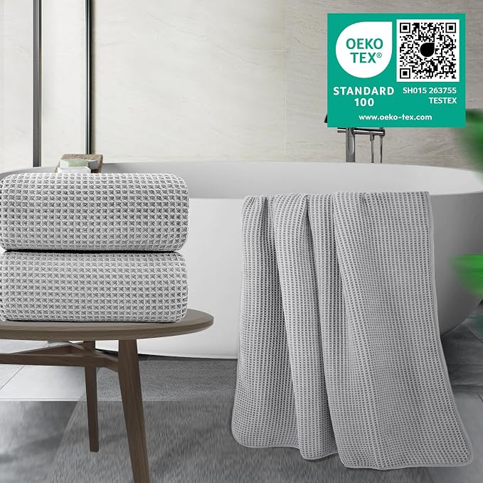 POLYTE 430 GSM Microfiber Quick Dry Lint Free Bath Sheet, 70 x 35 in, Set of 2 (Waffle Weave)