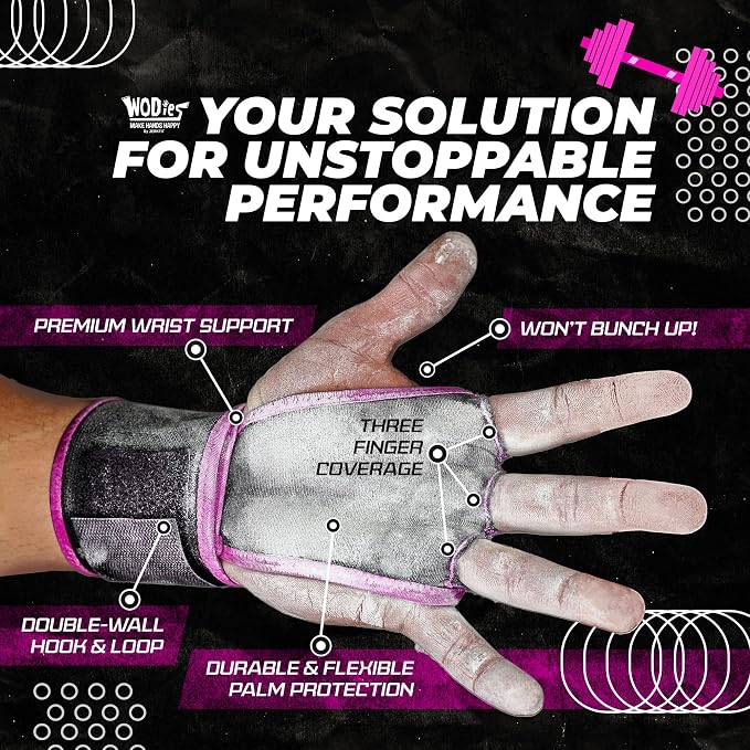 JerkFit WODies Gymnastics & Weightlifting Grips with Wrist Wraps – 3 Hole Versatile Gym Gloves for Pull Ups, Gym Training & Cross Training – Hand Grips Palm Protector for Men & Women