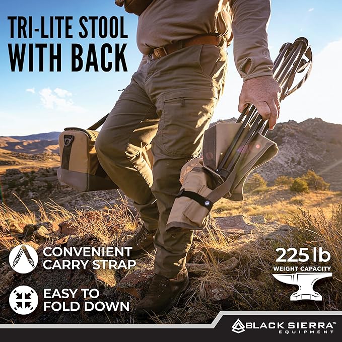 Black Sierra Tri-Lite Folding Stool with Backrest & Cup Holder, Lightweight Portable Hunting Fishing Chair with Carry Strap, Collapsible Outdoor Tripod Seat Supports 225 lbs