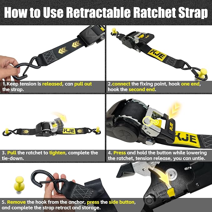 KJE Retractable Ratchet Straps, (4) 2" x 10' Automatic Tie Down Strap Sets + (4) Soft Loops - Heavy Duty 3,300lb Max Break Strength, S-Hook with Clip, Self Retracting Strap for Motorcycle, Kayak, ATVs