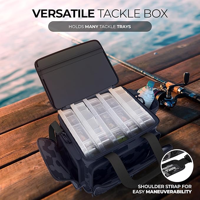 Reaction Tackle Fishing Tackle Bag - Water Resistant Camo Tackle Bag with Padded Shoulder Strap, D Ring Hanger, Suitable for 3600 Storage Boxes, Compression Molded Waterproof Non-Slip Bottom