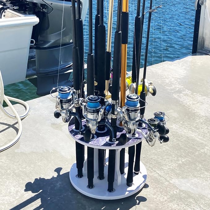 Rush Creek Creations Reel Salty Waterproof Marine Grade 16 Rolling Fishing Rod Holder Dock/Garage Storage Rack, Father's Day Gift, Gift for Dad and Grandpa, Gray/White, 29.8" L x 11.6" W x 30.9" H