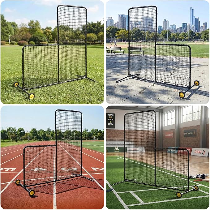 7x7FT L-Shaped Baseball Pitching Net with Wheels,Portable Steel L Screen,Protective Pitcher Screen Netting for Batting Cage, Softball & Tee-Ball Practice (All Skill Levels)