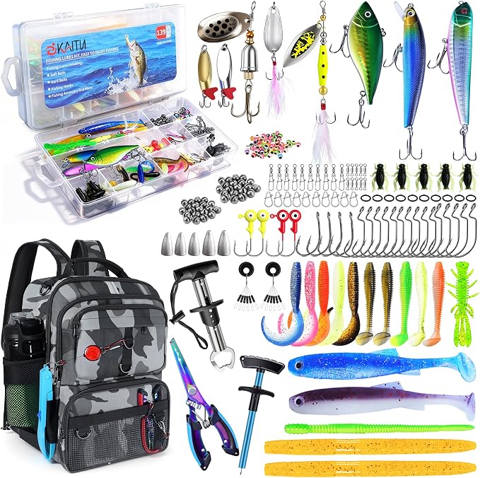 Fishing Backpack with Tackle Boxes and Rod Holder, 24L Fishing Sling Bag with Fishing Lures Kit, Fishing Gear Bag Gifts for Men Women - Gray Camo Backpack