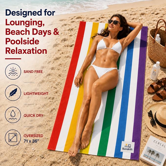 Oversized Microfiber Beach Towel 71x36 Inch, Quick Dry Sand Free Travel Towel, Lightweight Sueded Beach Blanket for Pool, Camping, Yoga & Beach Trips (Rainbow)