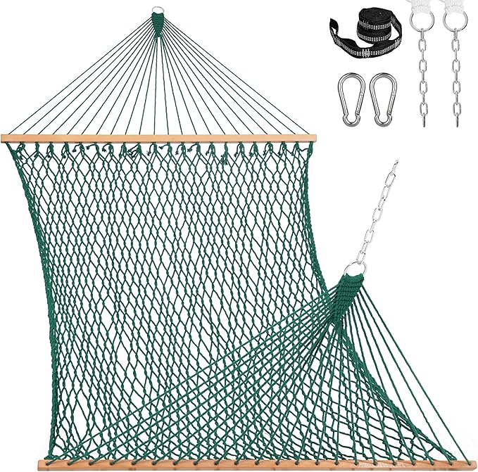Lazy Daze Hammocks 12FT Double Rope Hammocks, 2 Person Hand Woven Cotton Hammock with Spreader Bar for Outside, Patio, Poolside, FIT 13-15 FT Stand, Max 450 Lbs, Green, 141 x 57 inches