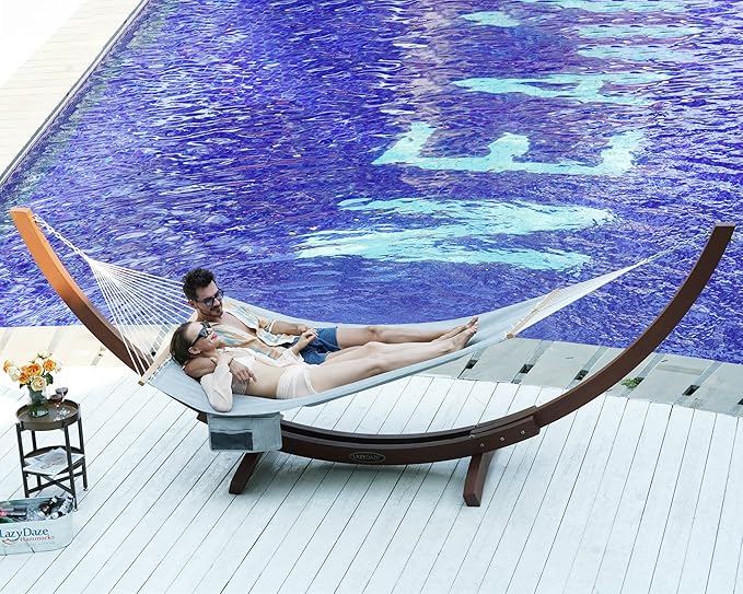 Lazy Daze Hammocks 11 FT Double Outside Hammock Quick Dry Olefin Fabric Hammock with Spreader Bar & Side Pocket for Outdoor Poolside Backyard 450 lbs Capacity, Grey