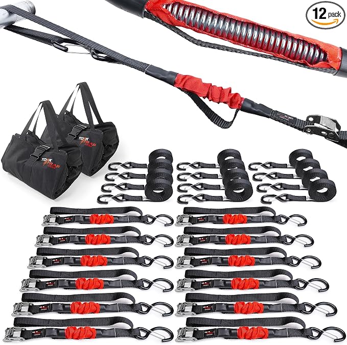 TorkStrap 14' x 1'' Self Tensioning Tie Down Straps [Patented] - Automatically Adapt to Load Shifts - 1,500LB Break Strength - Pull Alternative to Ratchet Straps - Integrated Soft Loop & Hooks (12-PK)