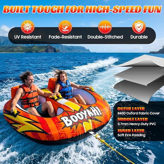 Towable Tubes for Boating Water Tubes - 2 Person Soaring Eagle, Heavy Duty Boat Tubes & Towables, EVA Foam Pads, Drainage, Quick Connector(F-1007)(F-1020)
