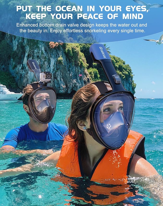 Greatever Full Face Snorkel Mask, Snorkeling Gear for Adults with Latest Dry Top Breathing System and Detachable Camera Mount, Foldable Snorkel Set for Family Snorkeling Trips, Anti-Fog & Anti-Leak