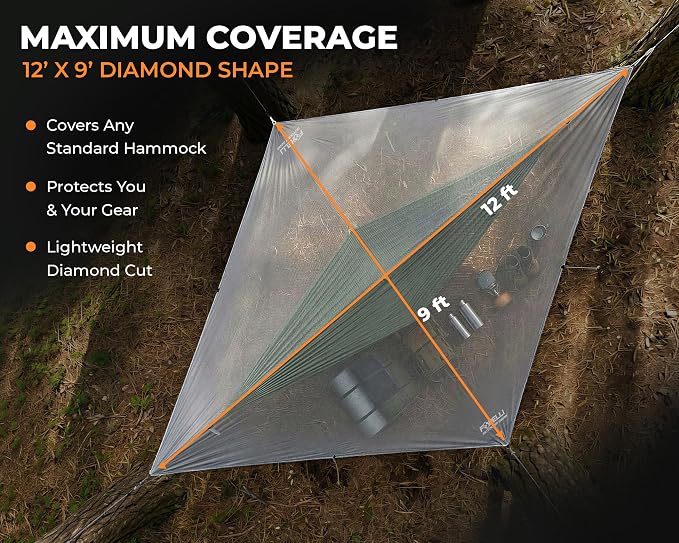 Foxelli Hammock Rain Fly - Waterproof Lightweight Tent & Hammock Rain Tarp for Camping, Backpacking w/Easy Setup Including Extra Long Guy Lines & Stakes