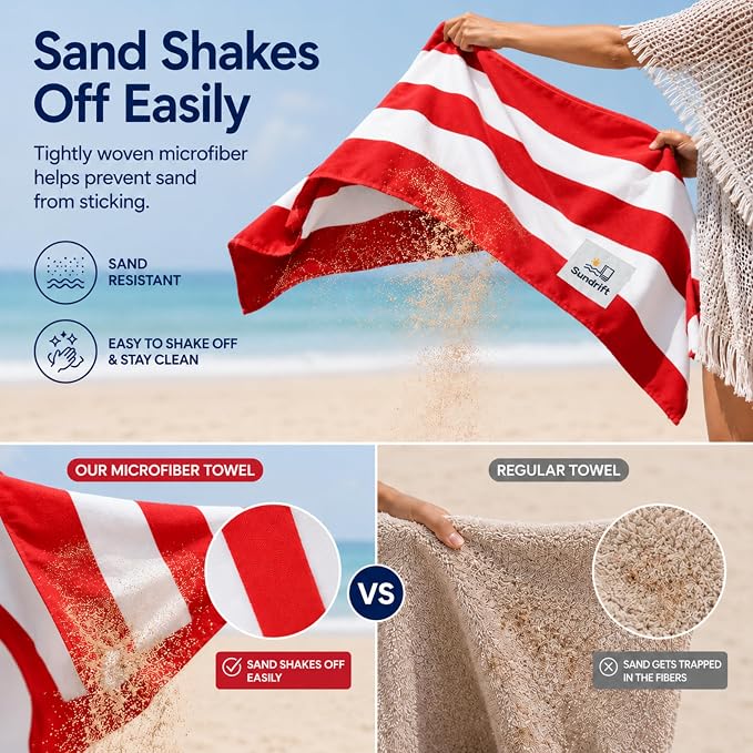 Oversized Microfiber Beach Towel 71x36 Inch, Quick Dry Sand Free Travel Towel, Lightweight Sueded Beach Blanket for Pool, Camping, Yoga & Beach Trips (Red/White)
