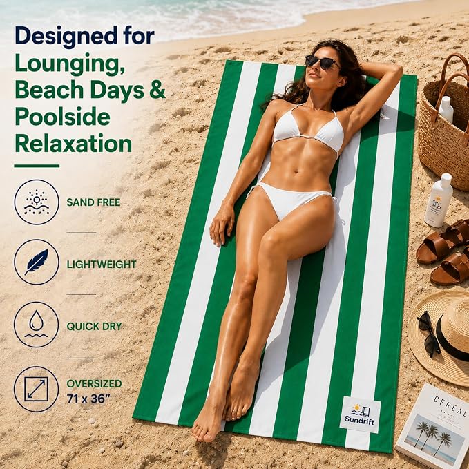 Oversized Microfiber Beach Towel 71x36 Inch, Quick Dry Sand Free Travel Towel, Lightweight Sueded Beach Blanket for Pool, Camping, Yoga & Beach Trips (Green/White)
