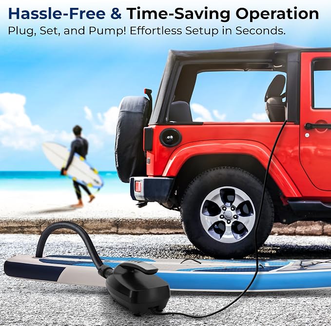 SereneLife Electric Air Pump Compressor – Portable Inflator for SUPs (Stand Up Paddle-Boards) & Pool Inflatables, Digital LCD Display, Adjustable Air Pressure Settings, Car Power Outlet Connection