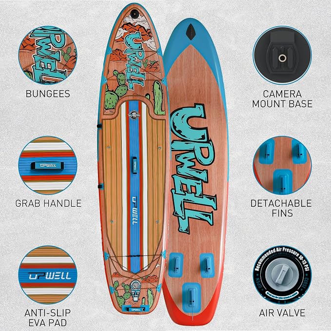 UPWELL 11’6”/11'2”/11'/10'8”/10'6”/10'2” Inflatable Stand Up Paddle Board with sup Accessories Including Backpack, Repairing Kits, Non-Slip Deck, Leash, 3 Fins, Paddle and Hand Pump