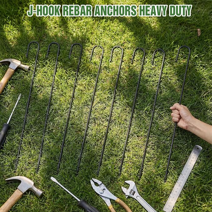 Gisafai 20 Pcs 24 Inch J Hook Rebar Stakes, Garden Ground Stakes Heavy Duty Tent Stake Ground Anchors Steel Plant Support Stake Long Straight Metal Spikes with Chisel Point End for Concrete Timber