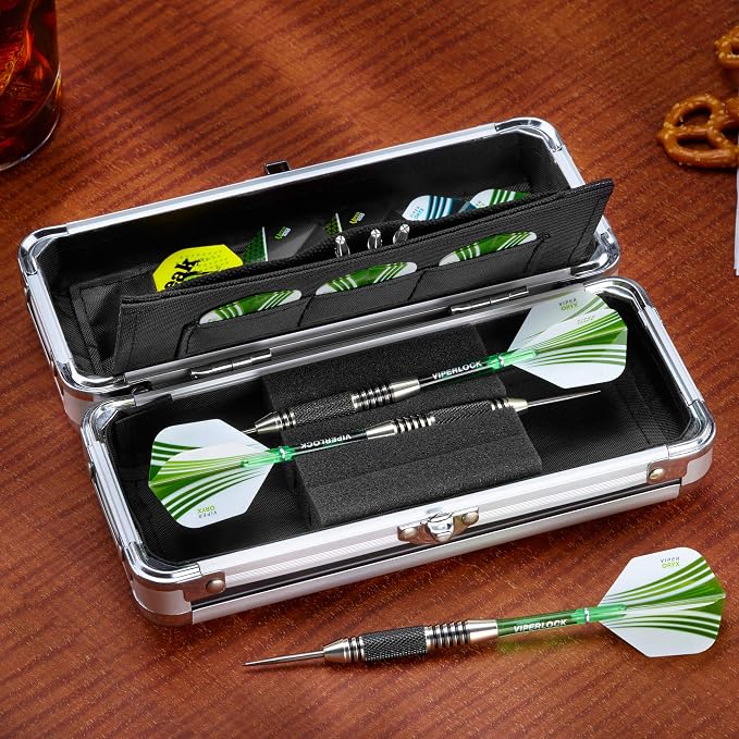 Casemaster Sole Aluminum Slim Profile Dart Case Holds 3 Steel Tip and Soft Tip Darts with Enough Space to Keep Flights in Shape, Features Built-In Pockets for Other Accessories