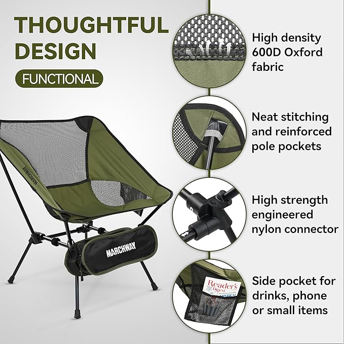 MARCHWAY Ultralight Folding Camping Chair, Heavy Duty Portable Compact for Outdoor Camp, Travel, Beach, Picnic, Festival, Hiking, Lightweight Backpacking (Green)