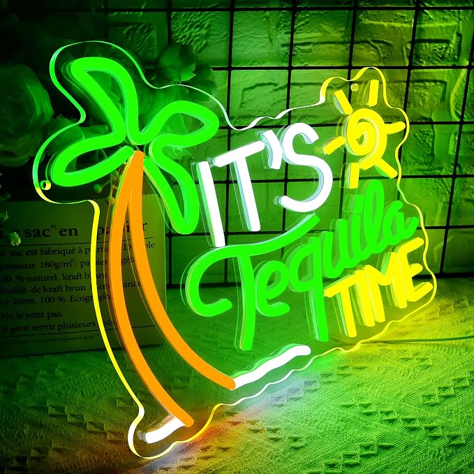 It's Tequila Time Neon Sign for Wall Decor Tequila Neon Light for Man Cave | Dimmable Led Neon,Birthday Tequila Gifts,5V USB Powered,Mexican Resturant,Tequila Bar Decor,Business Pub Wall Art,13.7*11.8in