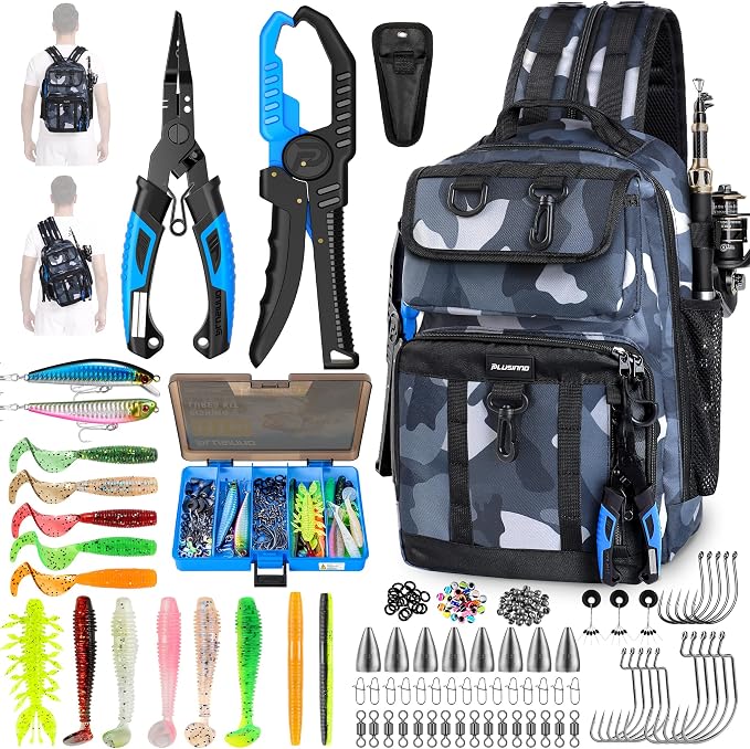 PLUSINNO Fishing Backpack with Fishing Gear, Tackle Box, Fish Accessories & Tools, Waterproof Sling Tackle Bag with Rod Holders, Lures for Freshwater/Saltwater, Fishing Gifts for Men