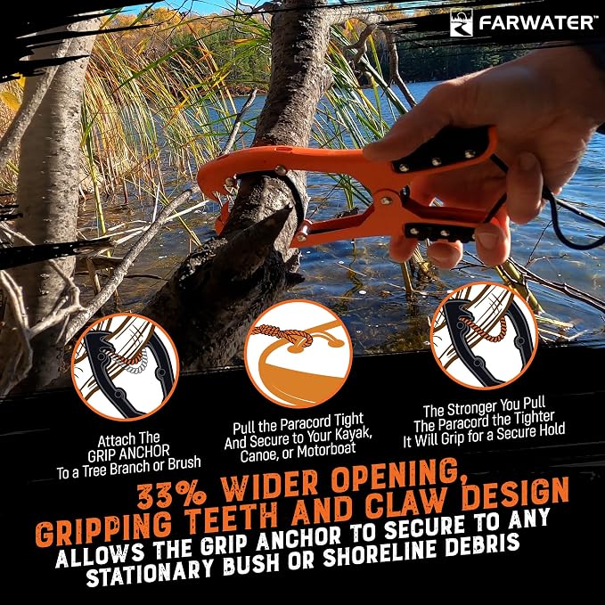 Canoe Anchor Grip - Boat, Float Tube & Kayak Fishing Accessories, Kayaking Equipment - Brush Clamp Anchor with Teeth - Gripper with 15ft Paracord - Rubber Grips - Coated Steel -