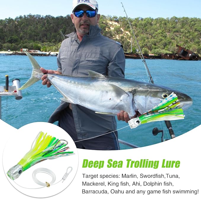 Trolling Lures Saltwater for Tuna Mahi Marlin Wahoo Dolphin Shark Offshore Trolling Baits with Squid Skirt Big Game Fishing Lures Deep Sea Squid Skirts Rig 6/9 inch
