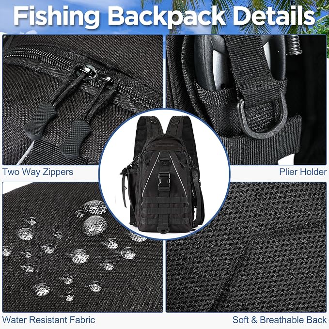RoundFunny 85 Pcs Fishing Backpack with Tackle Boxes, Tackle Sling Bag with Rod Holder, Fish Lures and Pliers, Fish Tools Gears & Equipment Father's Day Fishing Gift for Dad Men