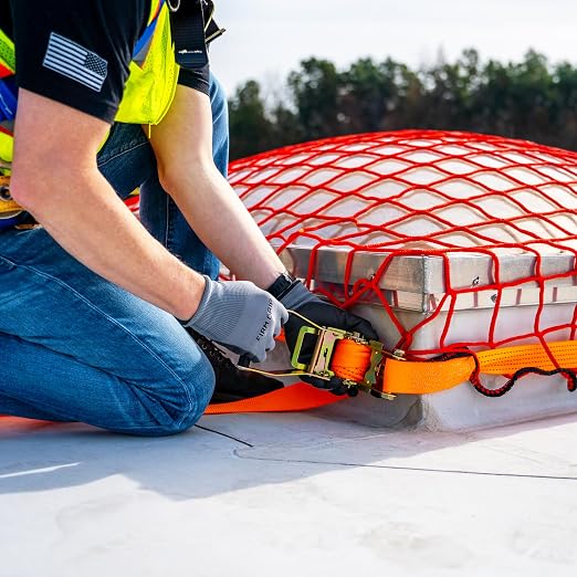 Tie Down Safety Portable Skylight Netting System | Bright Orange OSHA Compliant Temporary Fall Protection | Walking & Working Surface Safety Net | Includes Straps, Hooks & Carry Bag | 7x7 ft