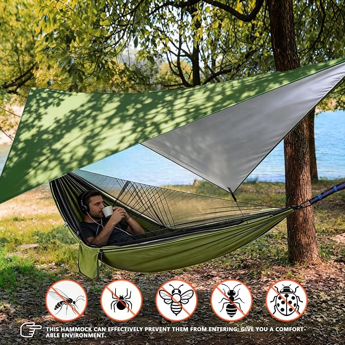 Camping Hammock with Rain Fly Tarp Mosquito Net Heavy Duty Tree Straps Portable Double Parachute Hammock Tent Waterproof Rainfly Set 660lbs Maximum Weight