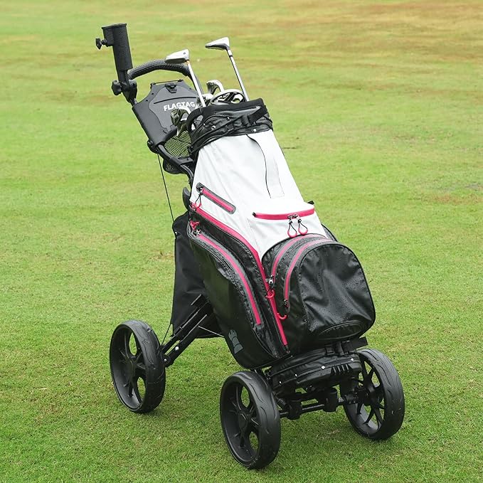 FLAGTAG Golf Push Cart 4-Wheels,Folding Golf Cart, Golf Pull cart with Cup Holder,Umbrella Holder,Cooler Bag, Foldable with one-Click,Handle Height Adjustable,Drink Holder,Walking Push cart