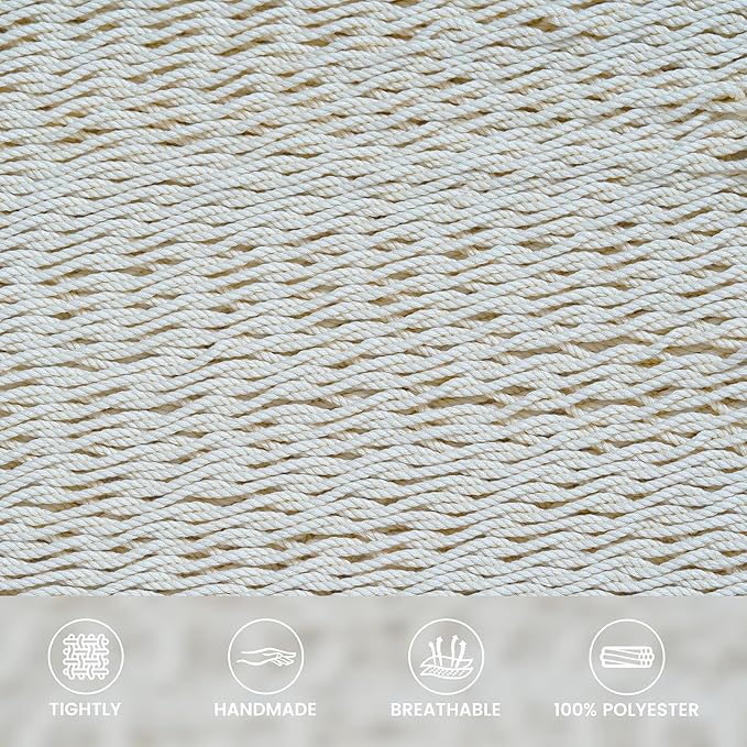 Lazy Daze Hammocks 10.5 FT Double 2 Person Caribbean Rope Hammock, Hand Woven Polyester Hammock with Spreader Bars, for Outside Outdoor Backyard Patio Poolside, 450 LBS Capacity, Cream