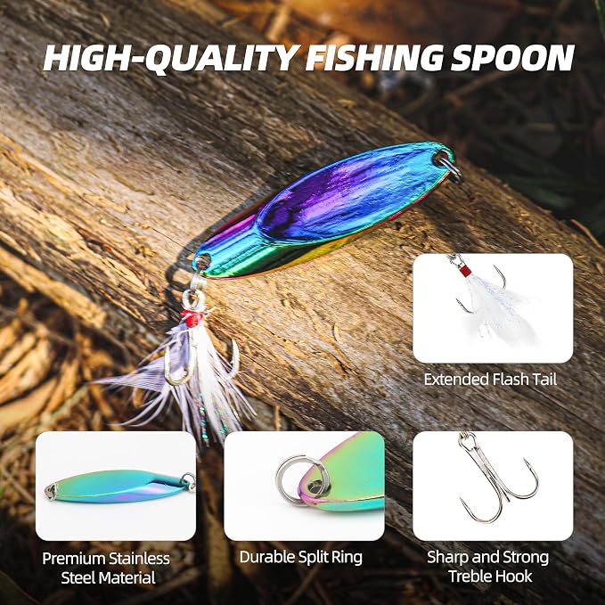 Jigging Spoon Fishing Lures 20/40PCS Kit – Metal Casting Spoon Lure Set with Treble Hooks, Mixed Sizes Spinner Baits for Saltwater & Freshwater Trout, Salmon, Bass