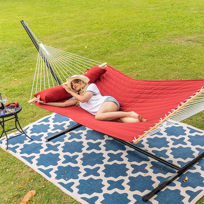 Lazy Daze Hammocks 10.5FT 2 Person Double Quilted Fabric Hammock with Spreader Bar, Detachable Pillow, Side Pocket, Carabiners, Chains, Straps for Outdoor, 450lbs Capacity, Burgundy