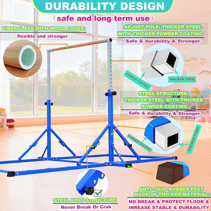 Marfula Gymnastic Bar For Kid and Teenage of 3-25, 5Ft/8 FT Base Length 4Ft Width 5Ft Adjust Height, Gymnastic Kip Bar For Gymnast, Gymnastic Training Equipment For Professional Training Home Club Use