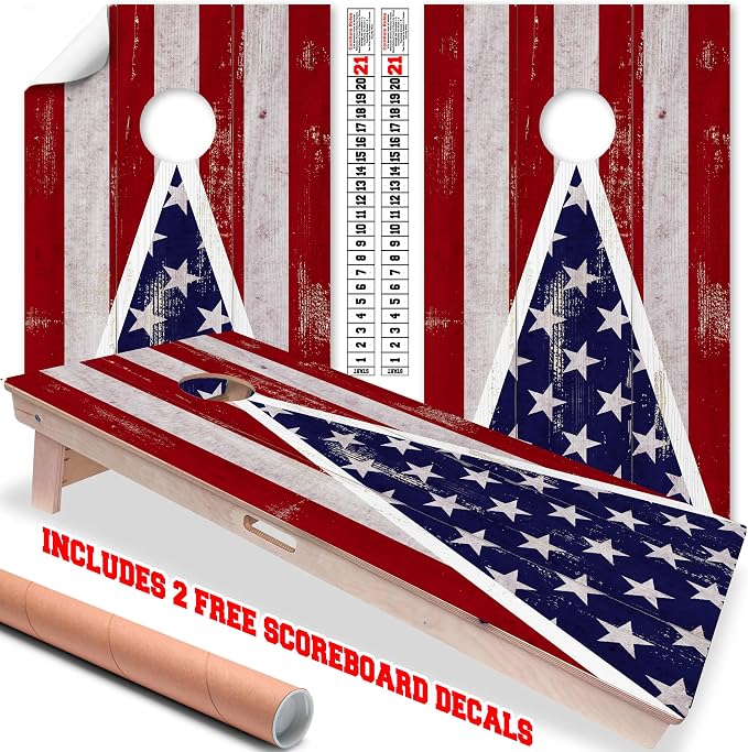 Cornhole Board Wraps & Skins – Corn Hole Decals, American Flag, Set of 2 | Patriotic American flag design fits 2x4 regulation cornhole boards – weatherproof vinyl skins & stickers for both boards