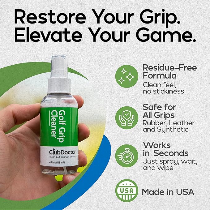 Club Doctor Golf Grip Cleaner – Safe for All Grip Types | Restores Tackiness, Improves Grip Feel, and Boosts Confidence | Proprietary Dirt-Removing Solution for Rubber, Leather, & Synthetic Grips