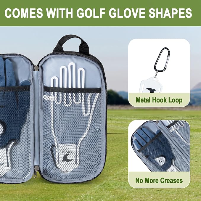 GOBUROS Golf Glove Holder Case with 2 Glove Shaper, Protective Golf Ball Bag Accessory Storage Organizer for Tees Balls Markers, Golf Gifts for Men Women, Black
