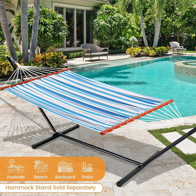 Lazy Daze Hammocks Cotton Fabric Double Hammock with 55" Spreader Bar, Portable Camping Hammock with Carrying Bag & Tree Straps for Patio, Backyard, Balcony, 450lbs Capacity, Blue & White