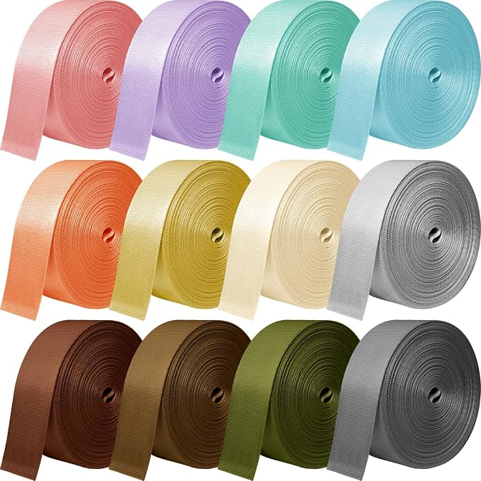 Nylon Webbing 1 Inch 1.5 Inch, 12 Rolls Webbing Strap for Bags, Pets, Climbing Outdoors Indoors Crafting DIY