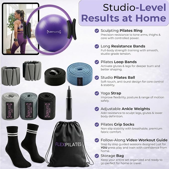Pilates Ring Kit with Video Workout Guide, Studio Grade Anti-Deformation Pilates Kit with Ankle Weights for Women, Pilates Equipment Set for Beginner with Pilates Essentials kit for Women