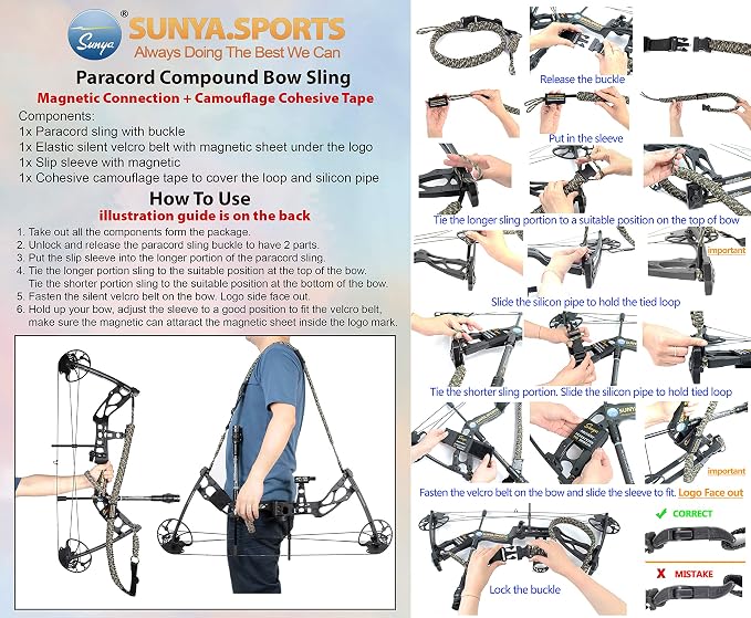 SUNYA Paracord Compound Bow Sling with V2 Upgraded Magnetic Connection System. Lightweight Hands Free Shoulder Carrying Sling for Bow Hunting, Field Archery and 3D