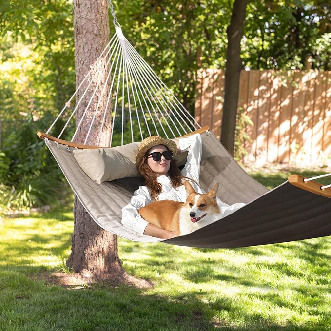 Double Hammock, 11 FT Quilted Fabric 2 Person Hammock for Outside with Pillow, Folding Curved Spreader Bar, Chains, Carrying Bag, Indoor Outdoor, 450 IB Capacity, BlanchedAlmond