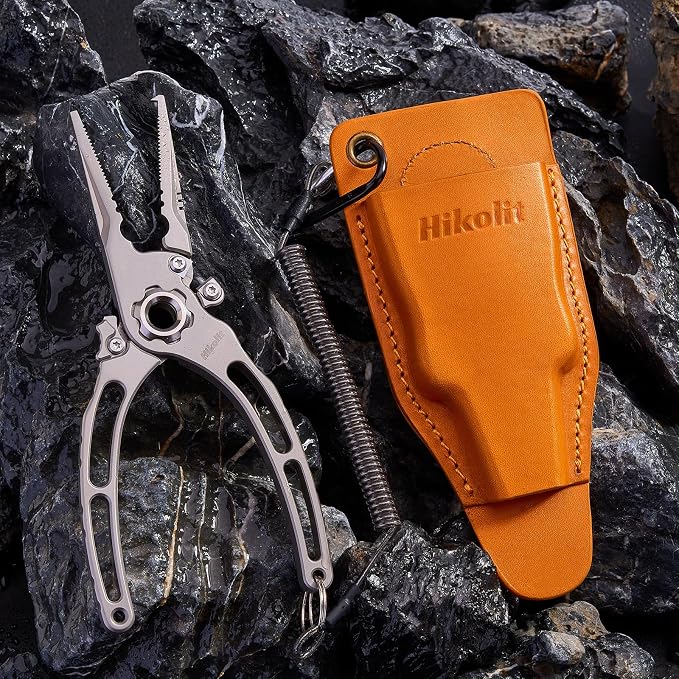 7.5” Titanium Fishing Pliers, Saltwater Fishing Pliers with Leather Sheath and lanyard, Never Rust Hook Remover and Split Rings, Fishing Gifts for Man
