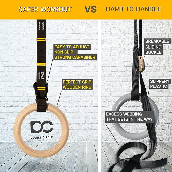 Double Circle Wood Gymnastics Rings with Quick Adjust Numbered Straps and Exercise Videos Guide - Full Body Workout Rings, Calisthenics, Home Gym (Multi-Size)