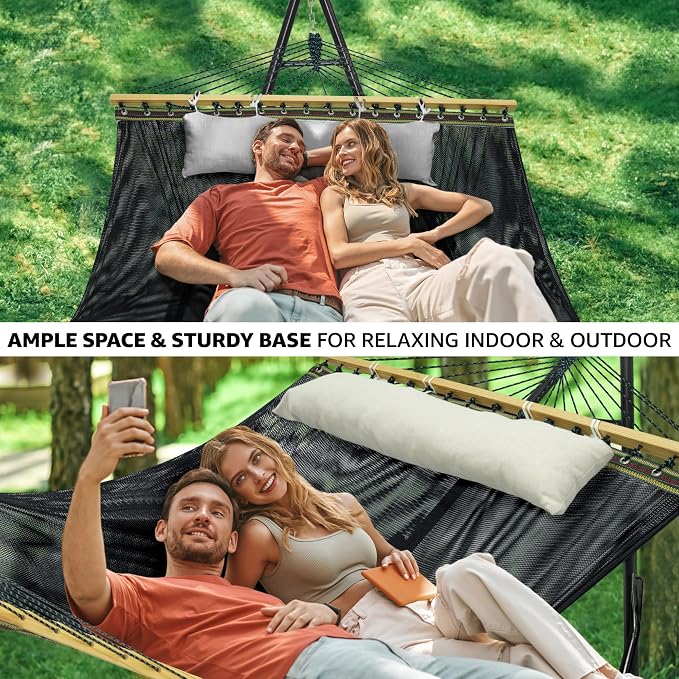 Tranquillo Unity with Hammock Stand, 800 lbs Capacity Steel Double Hammock Stand for 2 Persons, Premium Pre-Assembled Stand for Indoor Outdoor, Black