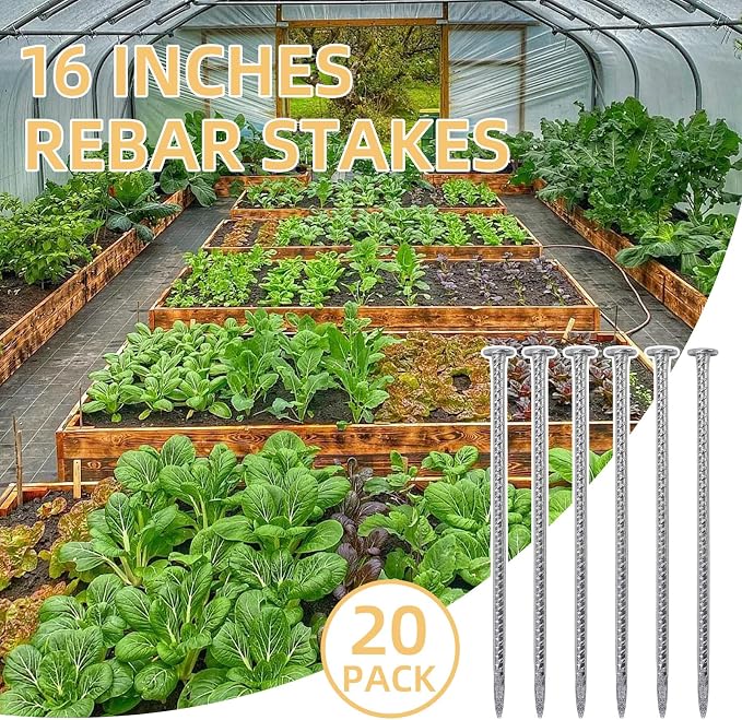 16 Inch Rebar Stakes, 0.4 Inch Diameter Ground Stake, Metal Stakes for Ground, Heavy Duty Ground Anchor Spikes for Speed Bump, Parking Curb and Camping Tent (20Pcs,Silver)