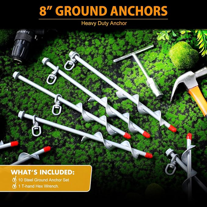 Hiboom 4 Pcs Ground Anchors with T Handle Hex Wrench Trampoline Hook, Ground Anchor Screw in Kit, Inflatable Outdoor Decorations Accessories for Camping Tents Car Ports Canopies (Silver,8 Inch)