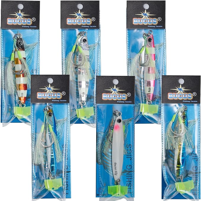 Saltwater Fishing Lures Metal Jigs Vertical Jigging Lure with Treble & Double Assist Hooks, 35-100g 6 pack Laser Glow Spoon Speed Sinking Slow Pitching Jig Offshore Targeting Tuna Mahi-Mahi Yellowtail