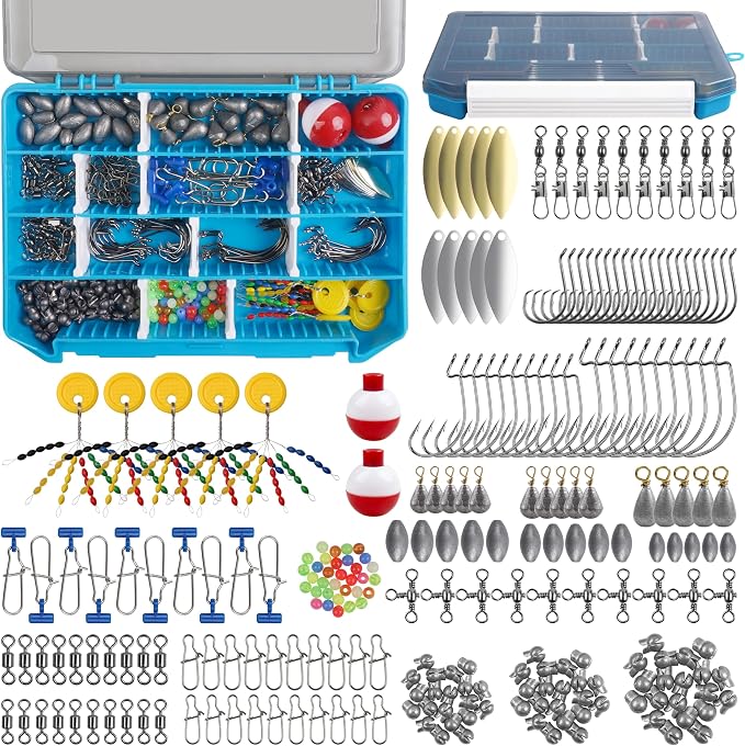 277pcs Fishing Accessories Kit, Fishing Tackle Box with Fishing Hooks Weights Swivels Snaps Sinker Slides Spinner Blade Bobber Stop Floats Beads for Bass Bluegill Crappie Saltwater Freshwater Fishing