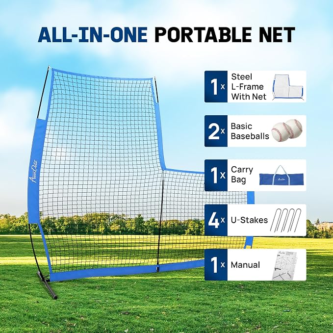 Portable L-Screen Baseball 7x7ft with 2 Baseballs, Rubber Wheels - L Screen Baseball for Batting Cage, Protective Pitching Screen Net Double Layers, Carry Bag Included